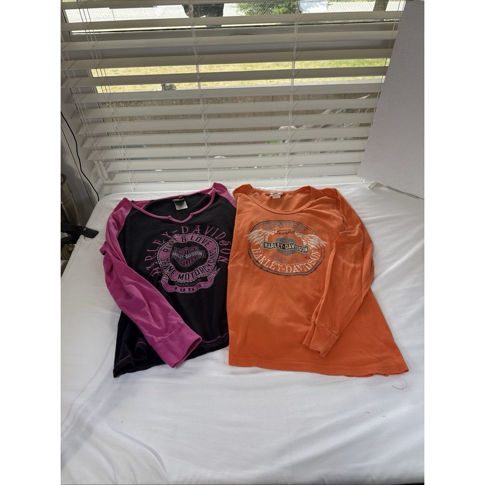 TWO(2)  Harley-Davidson Women's Med LS T-Shirts Orange-Black & Pink. 2013-2014.